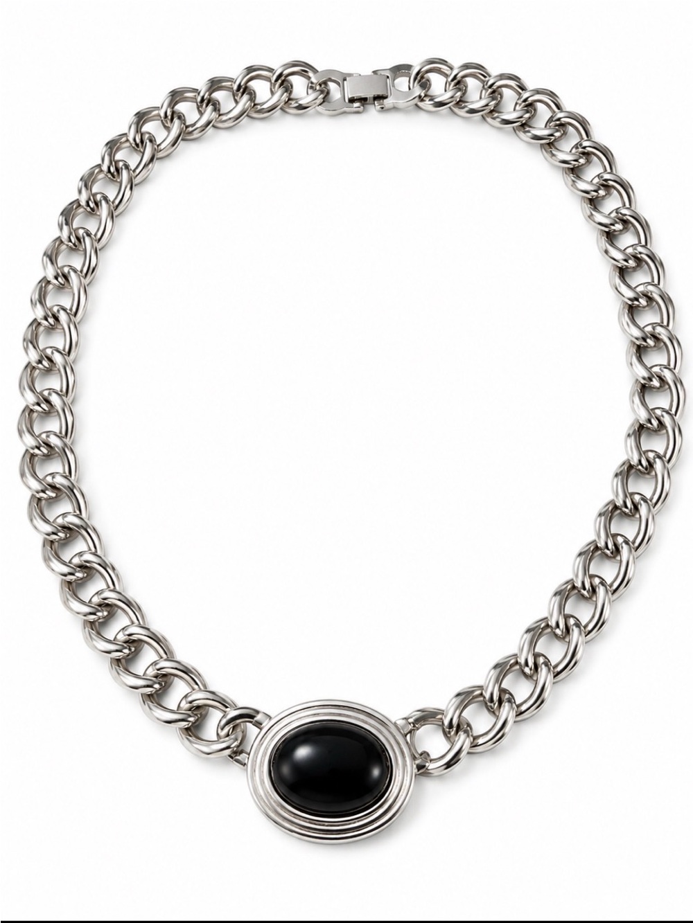 Silver-Tone Link Necklace with Black Oval Stone
